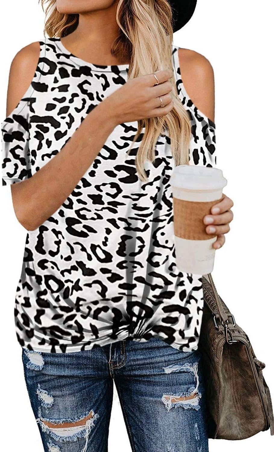 Ladies Leopard Print Cold Shoulder Tops Knot Twist Short Sleeve T Shirt