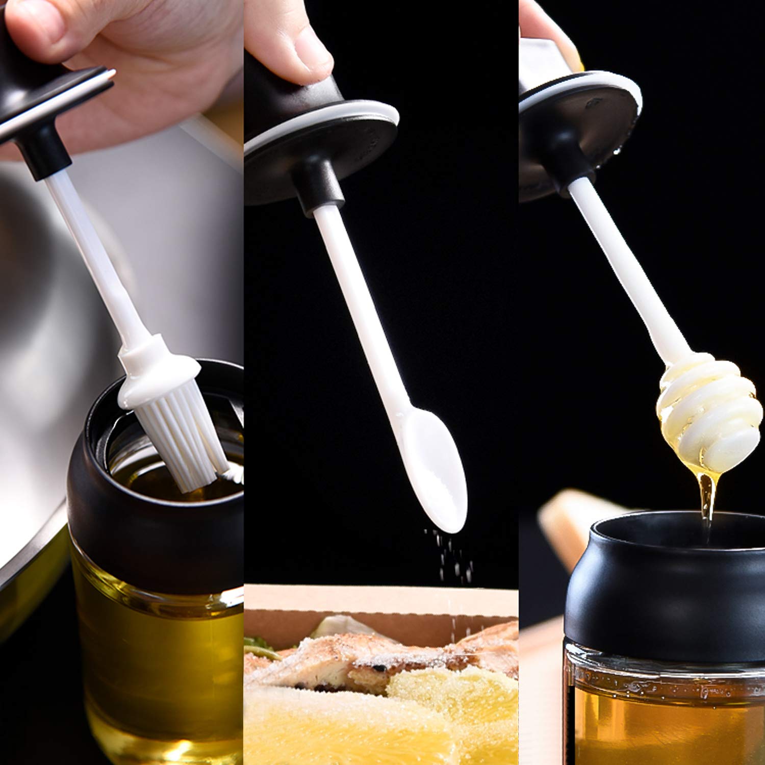 One-piece condiment bottle, spoon, brush, honey stick set of 3, suitable for kitchen and BBQ, sealed glass seasoning box, spice jar