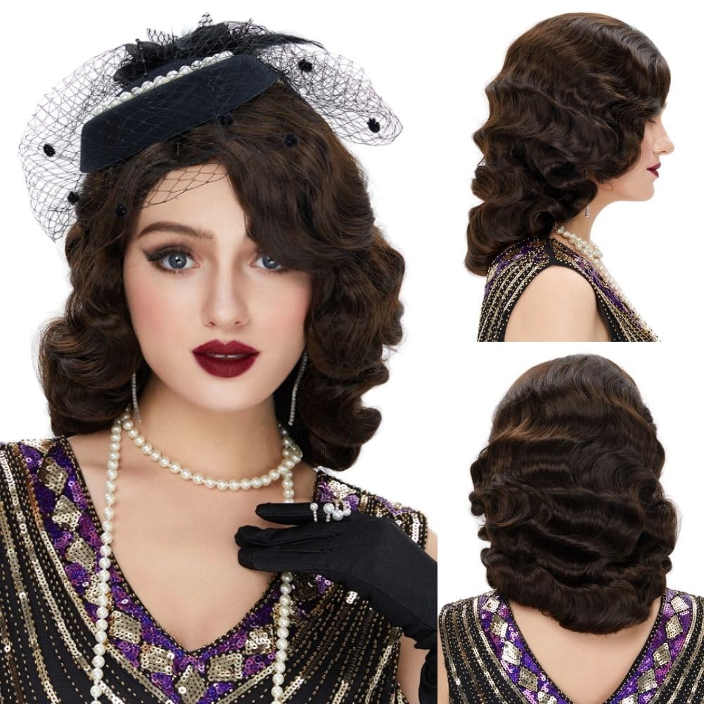 Photo 1 of Amnenl Brown 1920s Wig for Women Long Finger Wave Vintage Wigs Lady Synthetic Cosplay Costume Wig