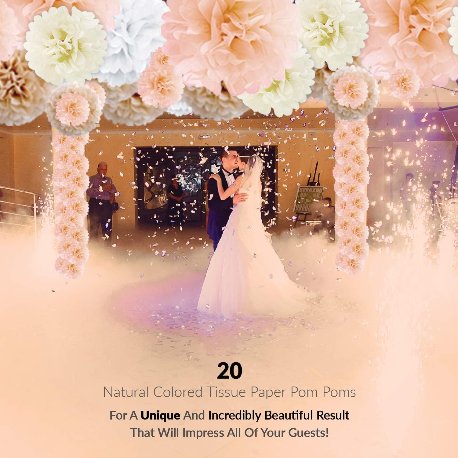 EpiqueOne 20-Piece Party Decoration Kit – Hanging Tissue Paper Pom Poms for Weddings and Other Special Occasions – Easy to Assemble and Install – Colors: White, Ivory, Peach and Champagne: Health & Personal Care