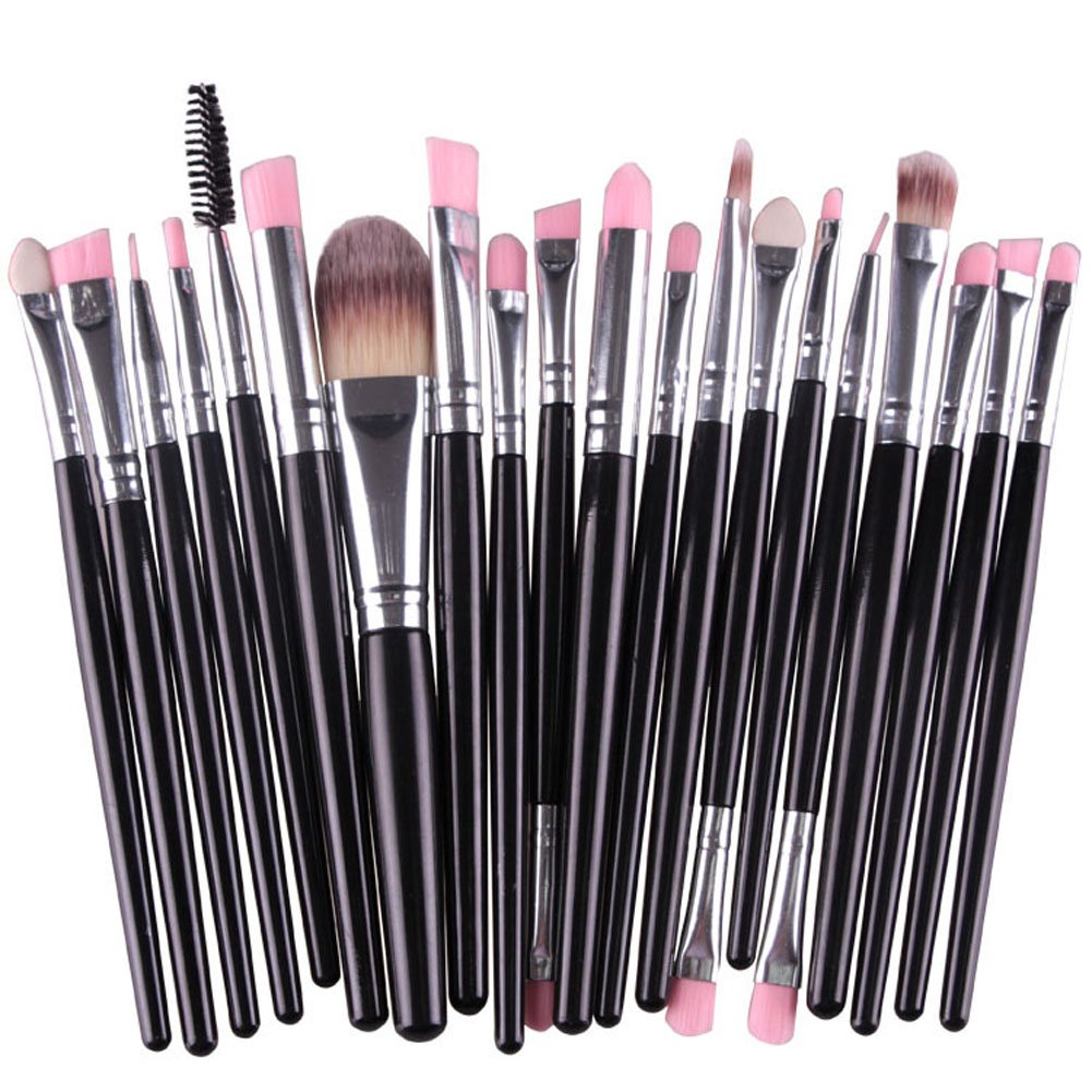 KOLIGHT Set of 20pcs Cosmetic Makeup Brushes Set Powder Foundation Eyeliner Eyeshadow Lip Brush for Beautiful Female (Black+Silver)