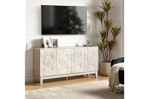 HULALA HOME Mid Century Sideboard Buffet Cabinet with Solid Wood Legs, 60" Kitchen Storage Cabinet Credenza with 4 Doors and 2 Shelves, Accent Console Table, White