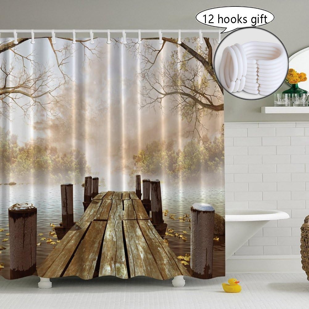 YIWEISI Wooden Bridge Shower Curtain Decoration for Bathroom, 3D Nature Print Pictures, Fabric Rustic Shower Curtains Set Country (Wooden Bridge)