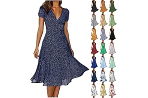 GIGIDHUQ 2024 Women's Floral Spot Wrap V-Neck Short Sleeve Boho Summer Beach Long Smocked Dress Casual Lightweight Flowy Dress