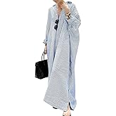 ebossy Women's Casual Stripes Buttoned Long Sleeve Oversized Loose Fit Maxi Shirt Dress Plus Size