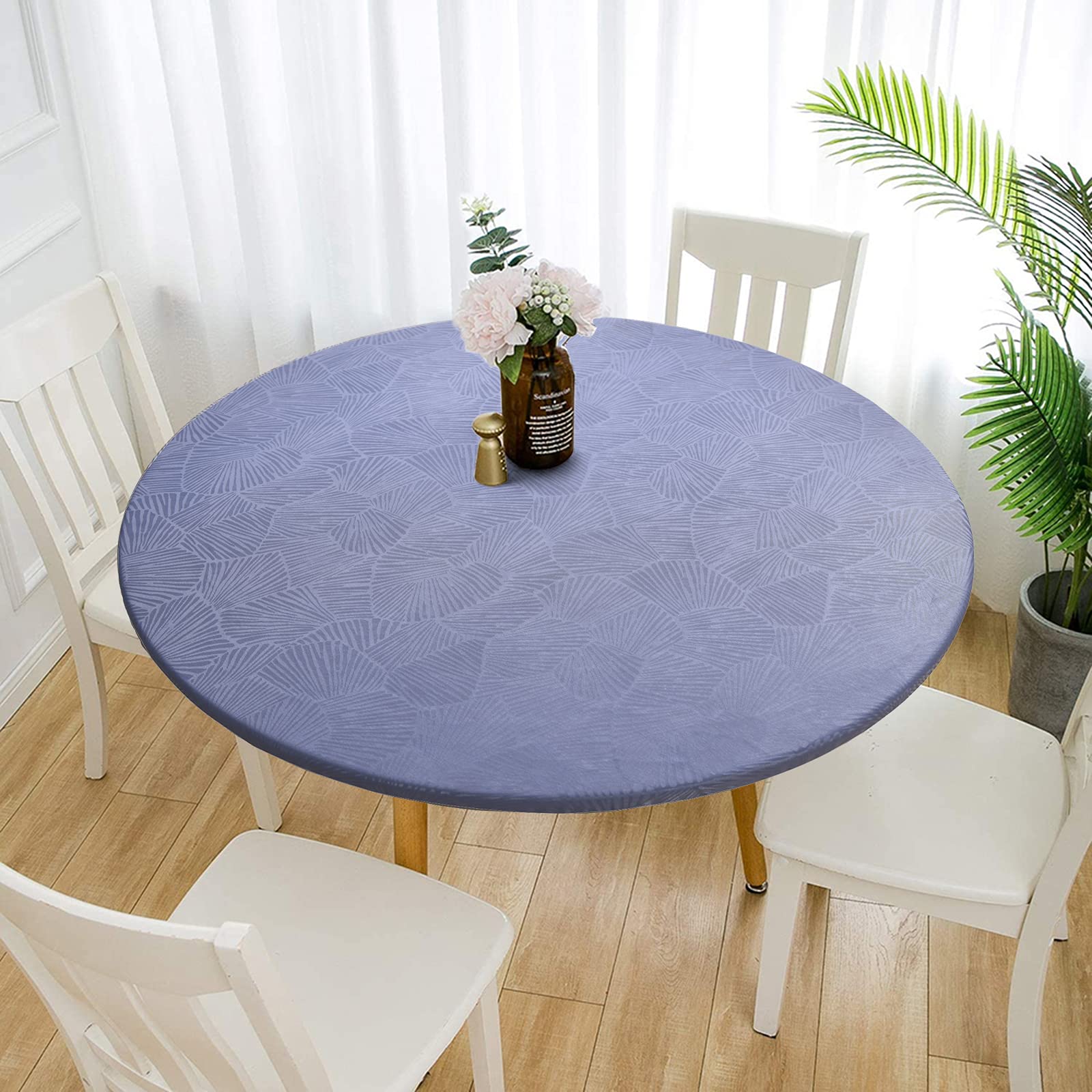 Elastic Edged Vinyl Round Fitted Tablecloth - Oil & Waterproof Wipeable Plastic Table Cover Indoor Outdoor Patio Round Fitted Vinyl Tablecloth, Plant Pattern (Grey blue, 120cm in diameter)