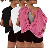 Womens 3 Pack Open Back Tops Casual Short Sleeve Workout Shirts Y2k Crop Athletic Tops Gym Yoga Running Tees