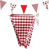 25Meters 82feet Strawberry Pennant Banner, Fabric Red Checkered Buntings Triangle Flags Baby Shower Birthday Party Decorations