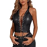 Waist Wow Women's PU Leather Halter Top Lace Up Front Crop Tank Tops Sleeveless Backless Sexy Corset Camisole Party Clubwear