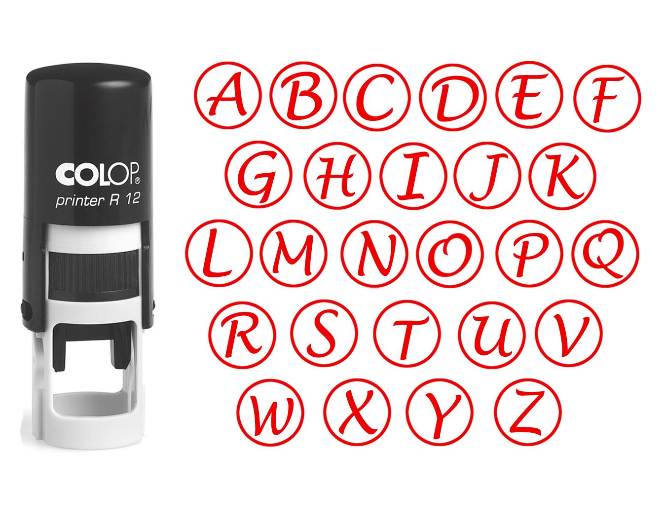 Custom A-Z Alphabet Stamp in Red Ink Monogram Round Rubber Stamp Self Inking Initial Stamp COLOP Mini Stamper 12 mm