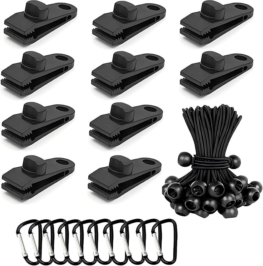 Langaelex Set of 10 Heavy Duty Tarp Clips with Bungee Cords Carabiners