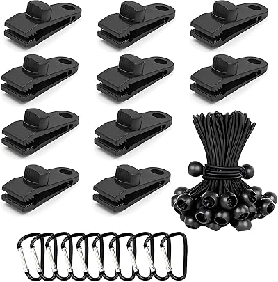 Langaelex Set of 10 Heavy Duty Tarp Clips with Bungee Cords Carabiners