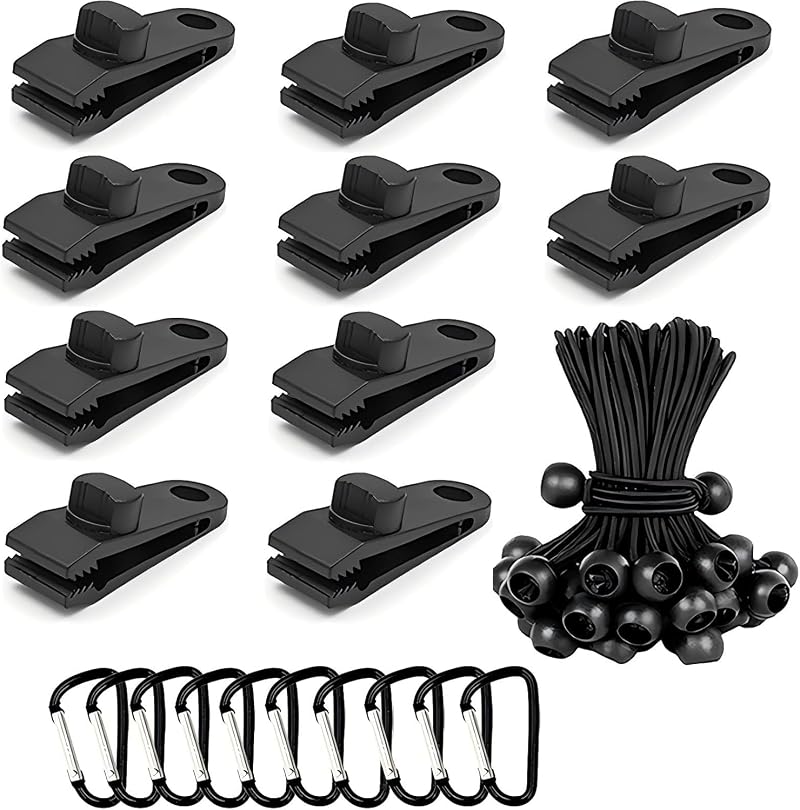 Langaelex Set of 10 Heavy Duty Tarp Clips with Bungee Cords Carabiners