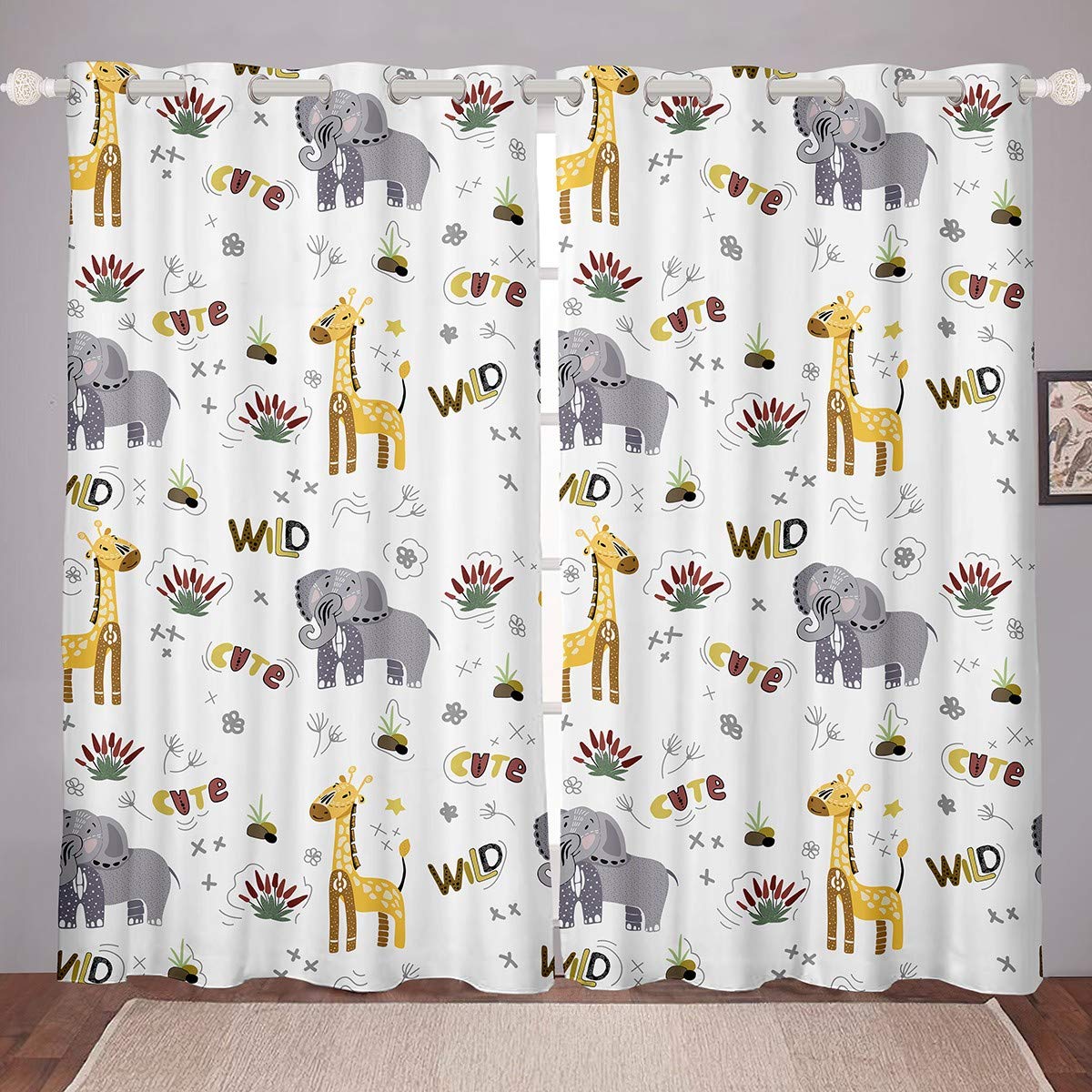 Kids Cartoon Window Drapes Cute Elephant Giraffe Print Curtain for Boys Girls Zoo Animal Theme Window Treatments Safari Wild Style White Window Curtain Room Decor W46*L54