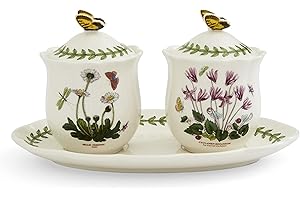 Portmeirion Botanic Garden Bouquet Collection 3 Piece Jam Jar Set | Condiment Bowls with Lid and Tray | Jars for Jam, Jelly, Mustard and Honey | Made of Dolomite with Flower and Butterfly Motif