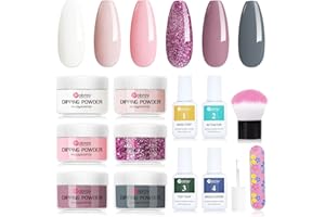Mobray 13 Pcs Dip Powder Nail Kit, 6 Colors White Gray Glitter Pink Nail Dip Powder Kit with Base Top Coat Activator Brush Saver, No LED Lamp Needed Dipping Powder Starter Kit