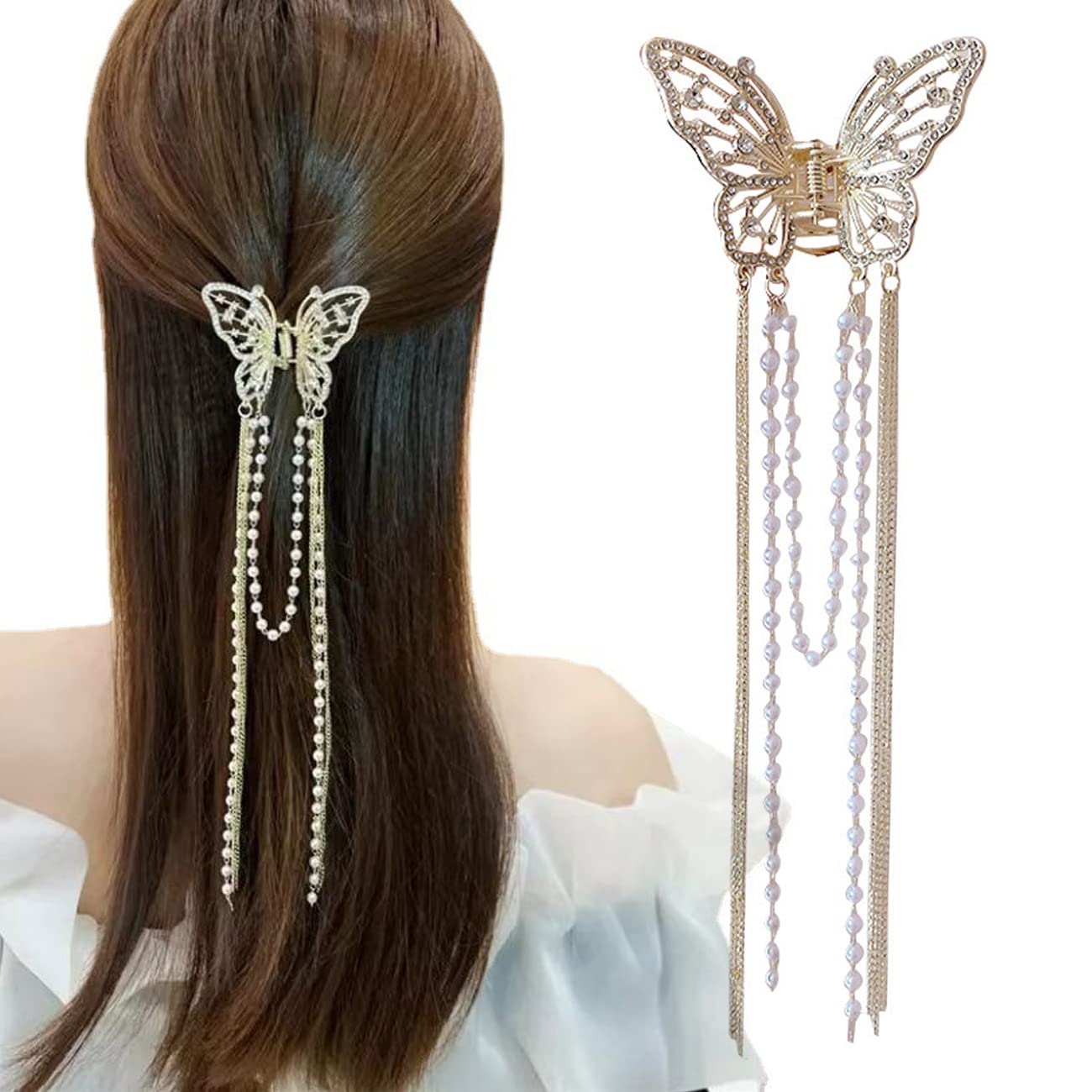 Photo 1 of Crystal Rhinestone Metal Hair Clip with Pearl Tassel - Butterfly Claw Clip Fashion Accessory for Women and Girls