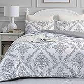 Faincy Paisley Queen Size Comforter Set, Grey Gray Classy Boho Damask Pattern Reversible Alternative Bedding Set - 90 x 90 in 3PCs Soft Microfiber Duvet Vintage Farmhouse Bed in a Bag for Women Men