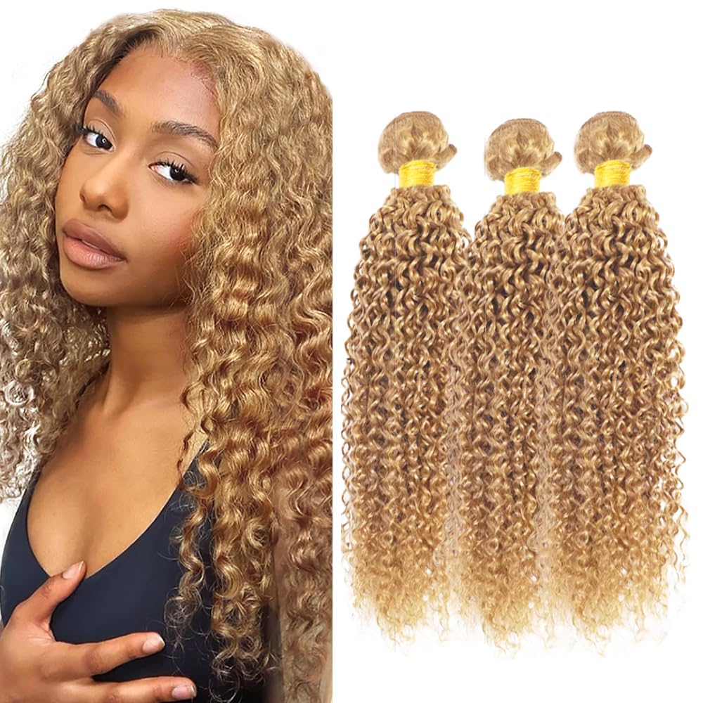 Photo 1 of #27 Honey Blonde Curly Wave Bundles Human Hair 27 Kinky Curly 3 Bundles 18 20 22 inch Mixed Length Peruvian Grade 8A Virgin Hair Extensions 300g