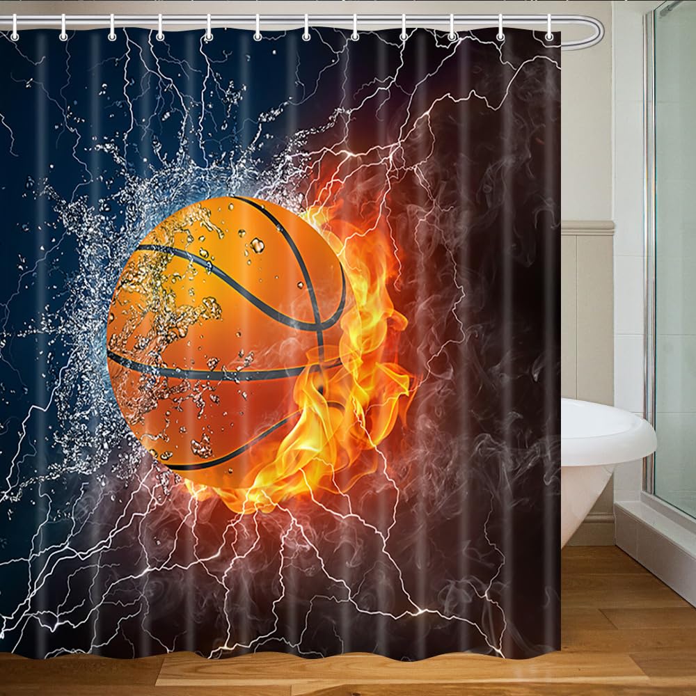 ChuaMi Polyester Fabric 69 x 70 Inches Shower Curtain Set with Hooks Mildew Resistant Waterproof Bath Decoration Curtain Suit with 40 x 60cm Non-slip Floor Mat (Basketball Ball on Fire and Water Set)