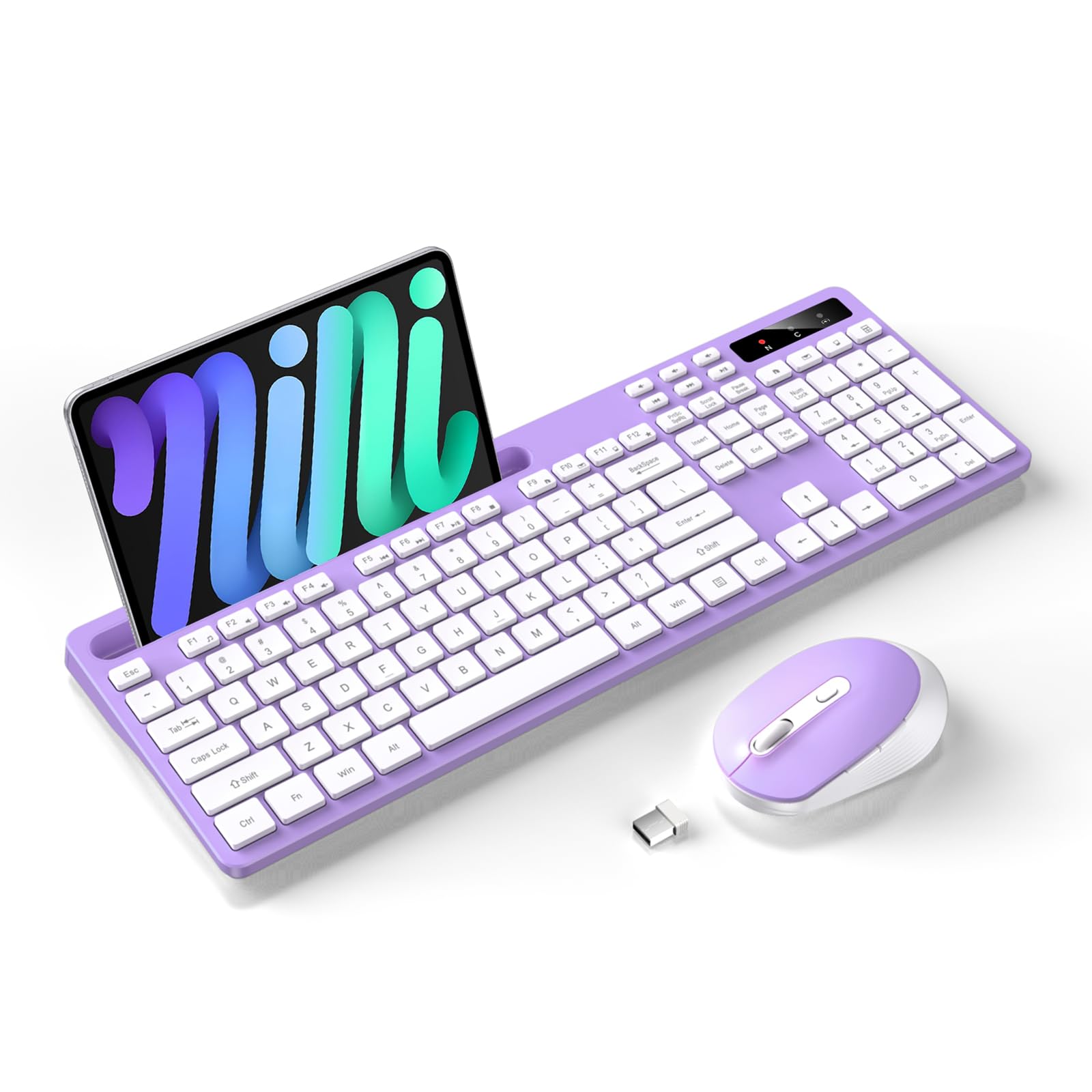 Photo 1 of Wireless Keyboard and Mouse Combo, Soueto 2.4G Full-Sized Computer Keyboard with Phone Tablet Holder, 22 Multimedia Shortcuts, Numeric Keypad, 6 Button Silent Mouse for Windows, Mac (Purple-White)