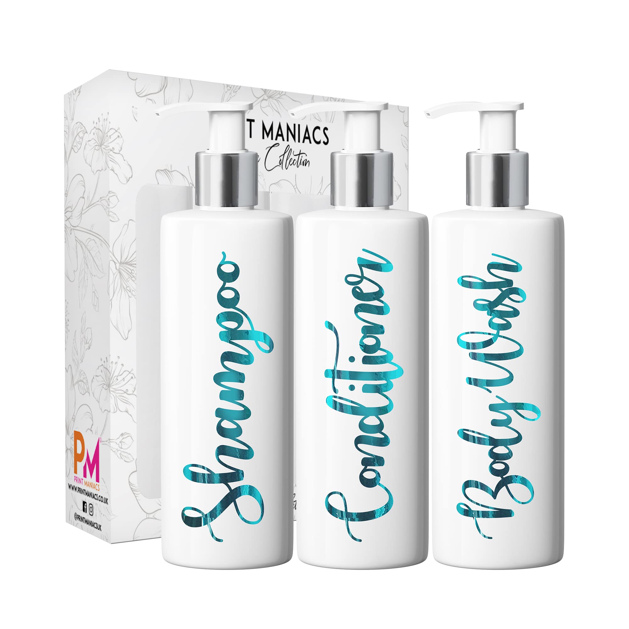 Print Maniacs 3 Set Mrs Hinch Inspired White Personalised Dispenser Pump Bottles Shampoo Conditioner Body Wash (Teal)