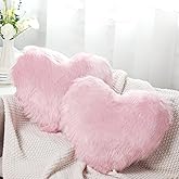 Enhon 2 Pcs Fluffy Heart Pillows Faux Fur Heart Shaped Plush Pillow Soft 20 x 15.7 Inch Love Throw Pillows with Insert for Decorative Office Home Bedroom Living Room Sofa(Pink)