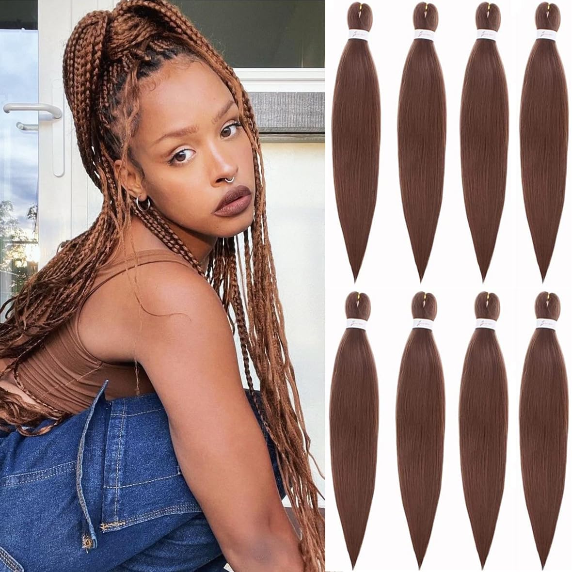 Leeven 8 Packs Pre Stretched Braiding Hair Extension Yaki Texture Hot Water Setting EZ Braids Kanekalon Hair Black Braiding Crochet Hair Extensions /30 Inch T30#