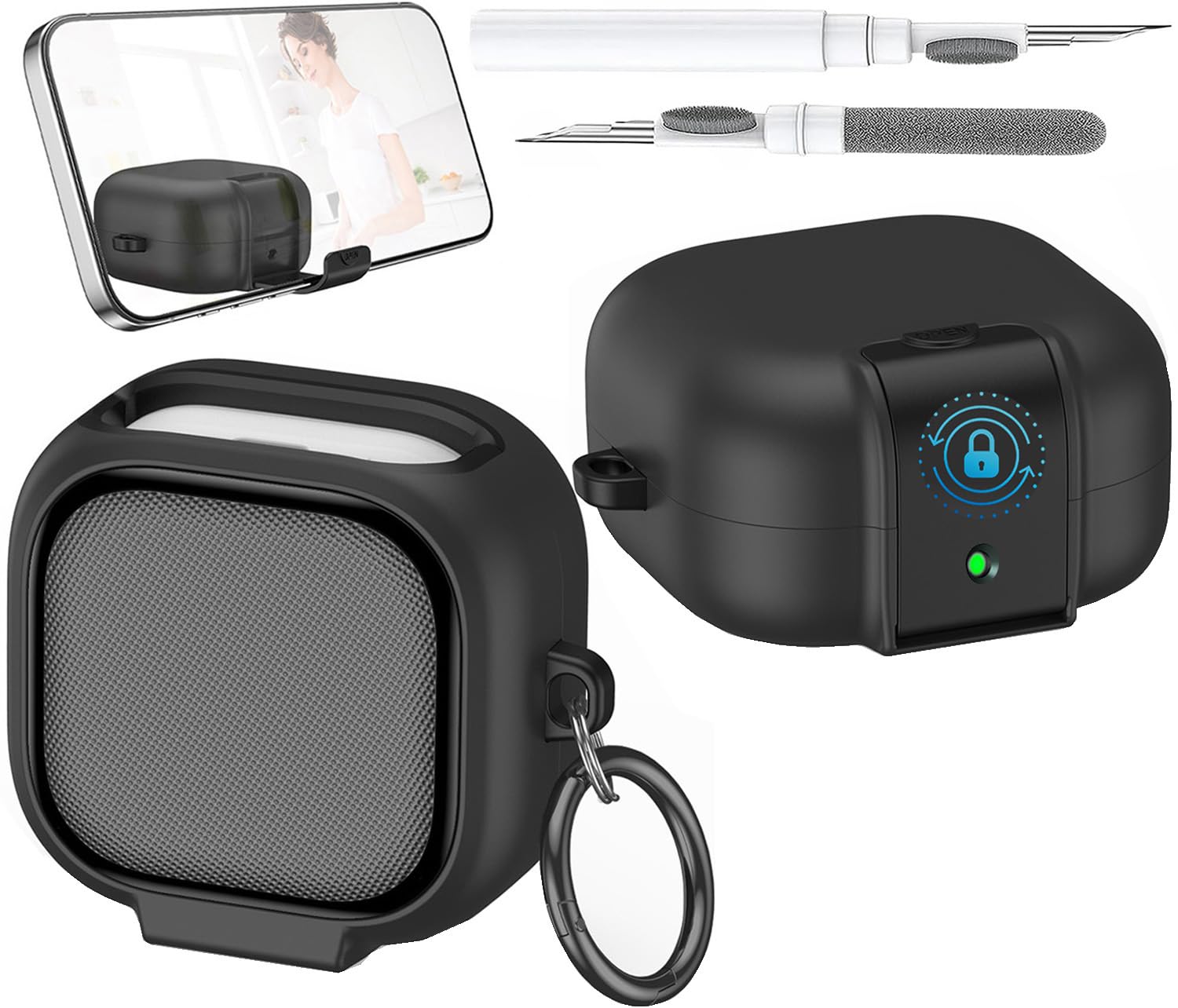 Lock Case Compatible Samsung Galaxy Buds 4/4 Pro Cases Cover with Phone Stand, Full Body Shockproof Protective Cases Men Women with Cleaner Kit and Keychain for Galaxy Buds 4 Pro 2026 Black