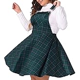 Agnes Orinda Women's Plus Size Overall Pinafore Dress Casual Plaid Printed Swing Adjustable Straps Dresses