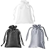 PATIKIL Satin Bags with Drawstring, 3 Pack 6x8 Inch Wedding Favor Bag Mini Gift Packaging Bags for Birthday Christmas Jewelry Party, Black Grey White