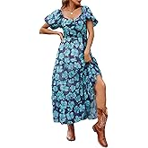 ABYOVRT Women Floral Maxi Dress Short Puff Sleeve V Neck Bohemian Flowy Dress Smocked Casual Spring Summer Dresses