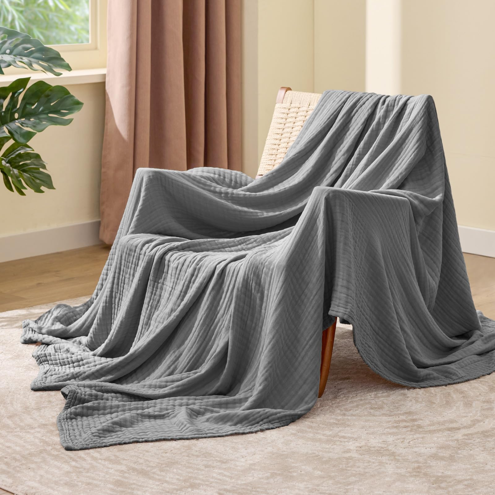 Condition photo showing As Is for cooling muslin blankets for hot sleepers, 20% rayon derived from bamboo, 80% cotton, summer blanket, 6-layer soft & breathable gauze blanket, all season use, 50"x60", medium gray medium gray throw (50 x 60 inch)
