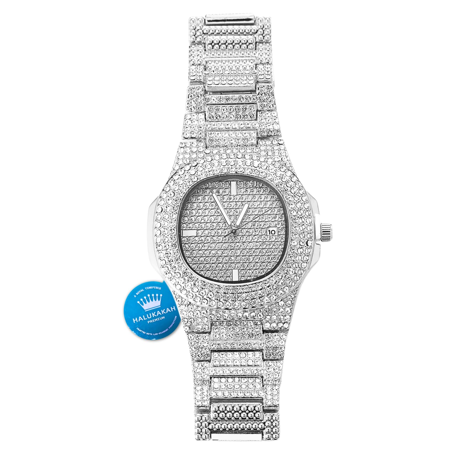 HALUKAKAH Diamond Gold Watch Iced Out,Men's 18k Real Gold/Platinum Plated Quartz Wristband 24cm,with Cuban Link Chain Necklace Bracelet,Full Diamonds,Free Giftbox