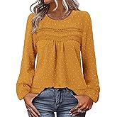 BETTE BOUTIK Womens Boho Fall Long Sleeve Shirts Crewneck Dressy Casual Blouses Trendy Flowy Tops