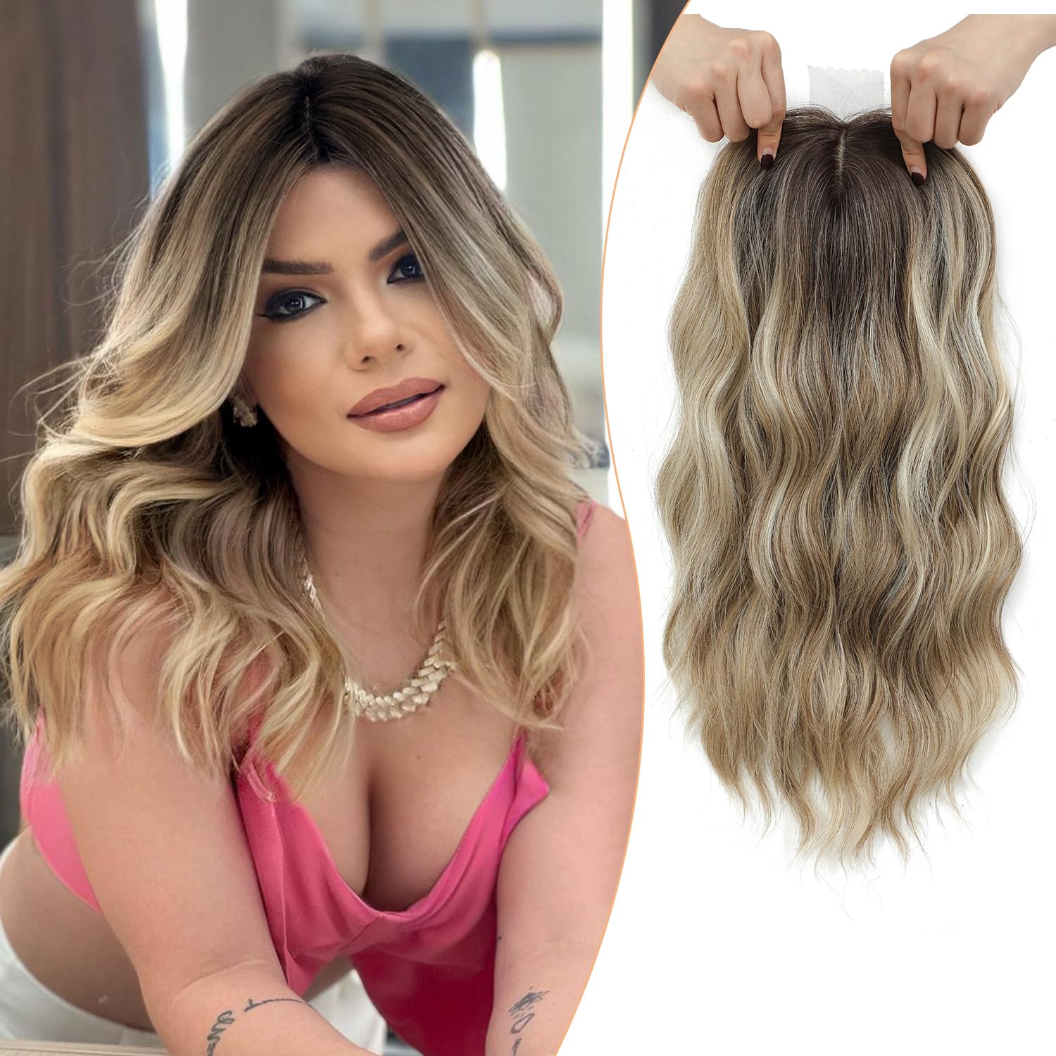 Photo 1 of PANEWAY Hair Topper 16 Inch Synthetic Wavy Clip in Hair Piece for Women, Balayage Dark Brown Root to Blonde Ombre with Highlights, Natural Wiglet for Volume & Coverage