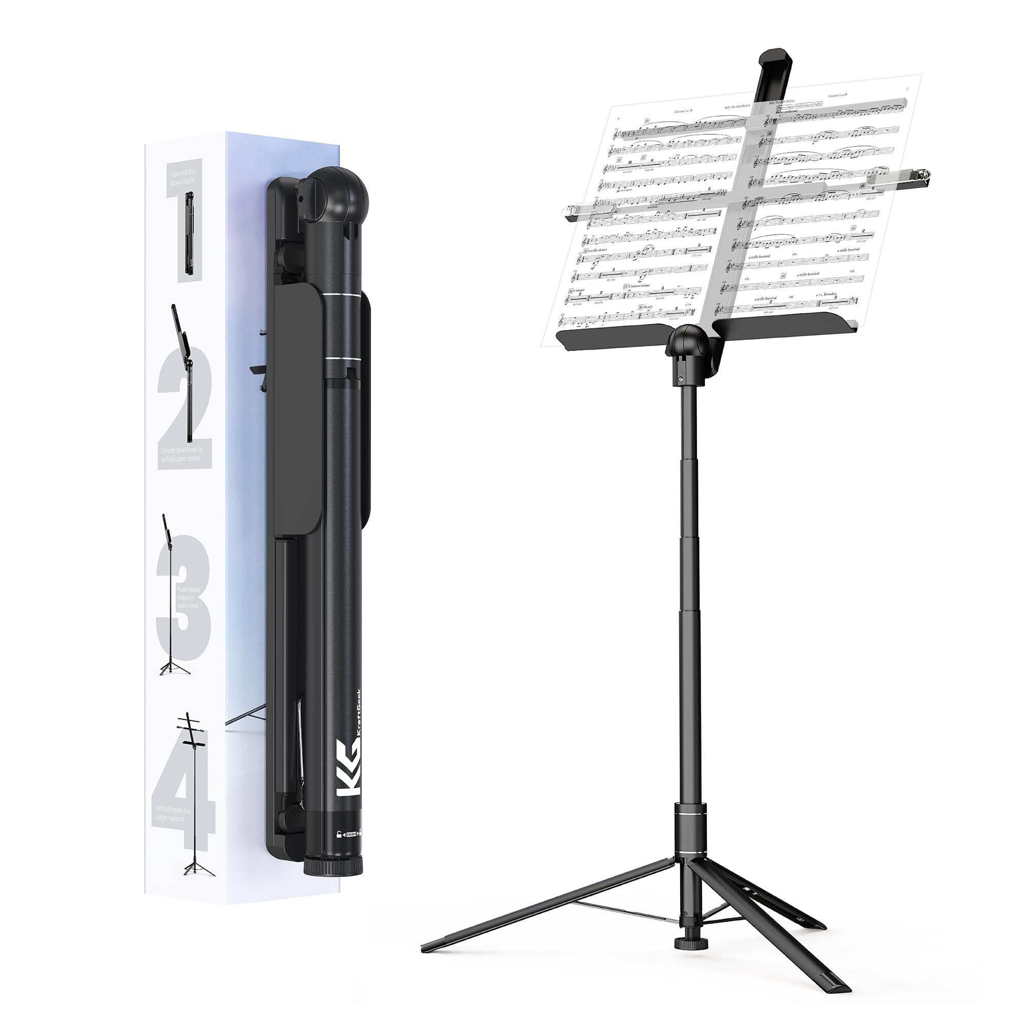 Photo 1 of KraftGeek 66" Capsule Music Stand for Sheet Music, Portable and Folding Music Stand for Musicians and Instrument Players, Adjustable Music Tray with Page Holder Clips, No Assembly Required, Black