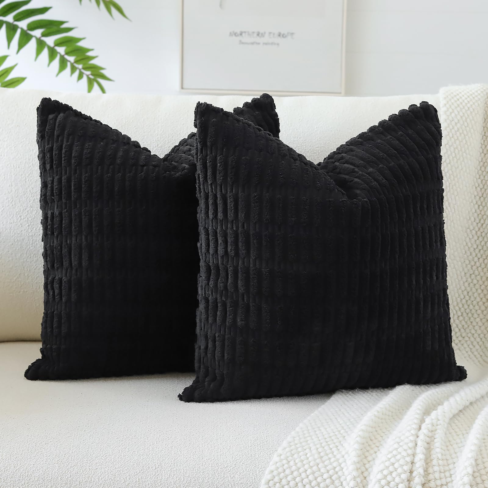 JOTOM Pack of 2 Corduroy Soft Striped Cushion Covers 40x40 cm 16x16 Inch Boho Decorative Throw Pillow Covers Square Cushion Case Home Decor Pillow Cases for Couch Sofa Living Room Bed (Black) — image 1