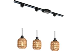 Wanluce 3 Lights H Type Track Lighting Pendants with 39.3 Inches H Type Rail, Rattan Pendant Lighting Fixtures Ceiling Hanging Boho Tracking Pendant Lights for Kitchen Island Dining Room, E26 Socket