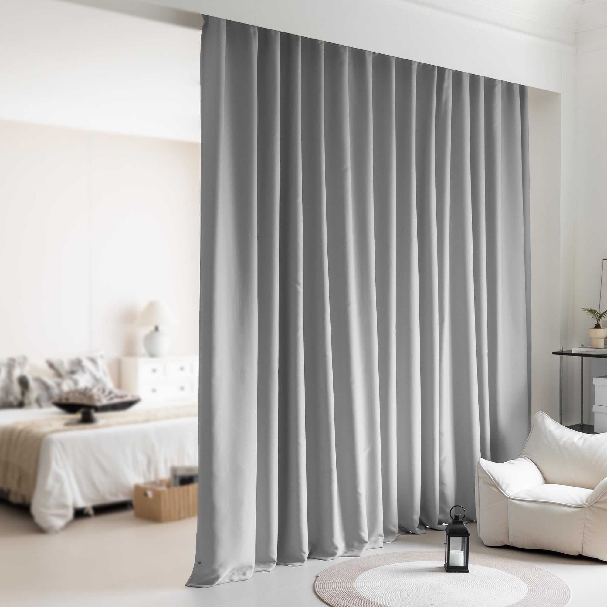Photo 1 of KNEOQIT Room Divider Curtains for Ceiling Track Set,Back Tab Blackout Curtains Ceiling Track with Hooks Sound Proof Privacy Curtain for Living Room and Bedroom (1Panel, Grey, W10ft x H9ft)