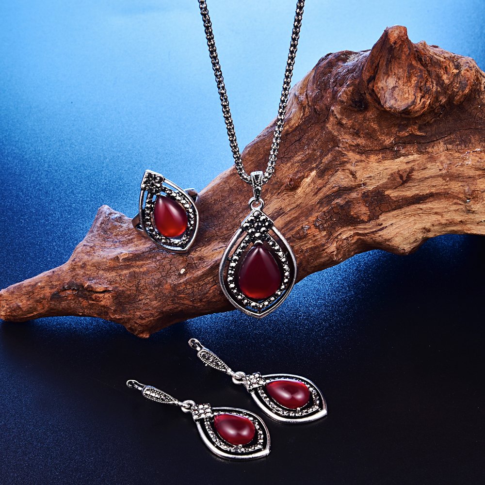 Vintage Women Fashion Red Resin Pendant Necklace Jewelry Set Long Chain Silver Chain Necklace - Red+Ring#9