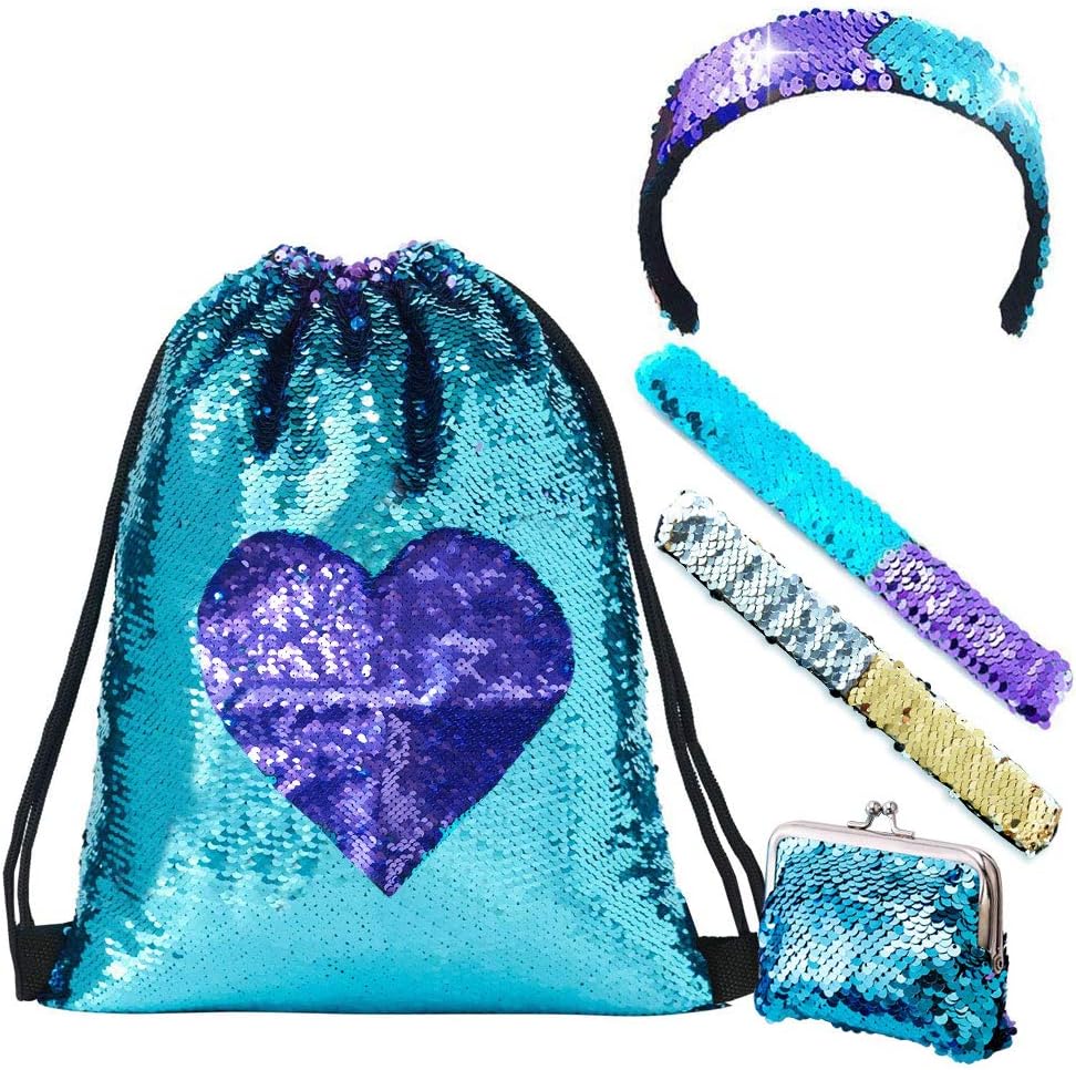 LURICO 5 Pcs Mermaid Drawstring Backpack, Sequin Drawstring Dance Bag with Slap Bracelets and Headband for Women Girls Teens