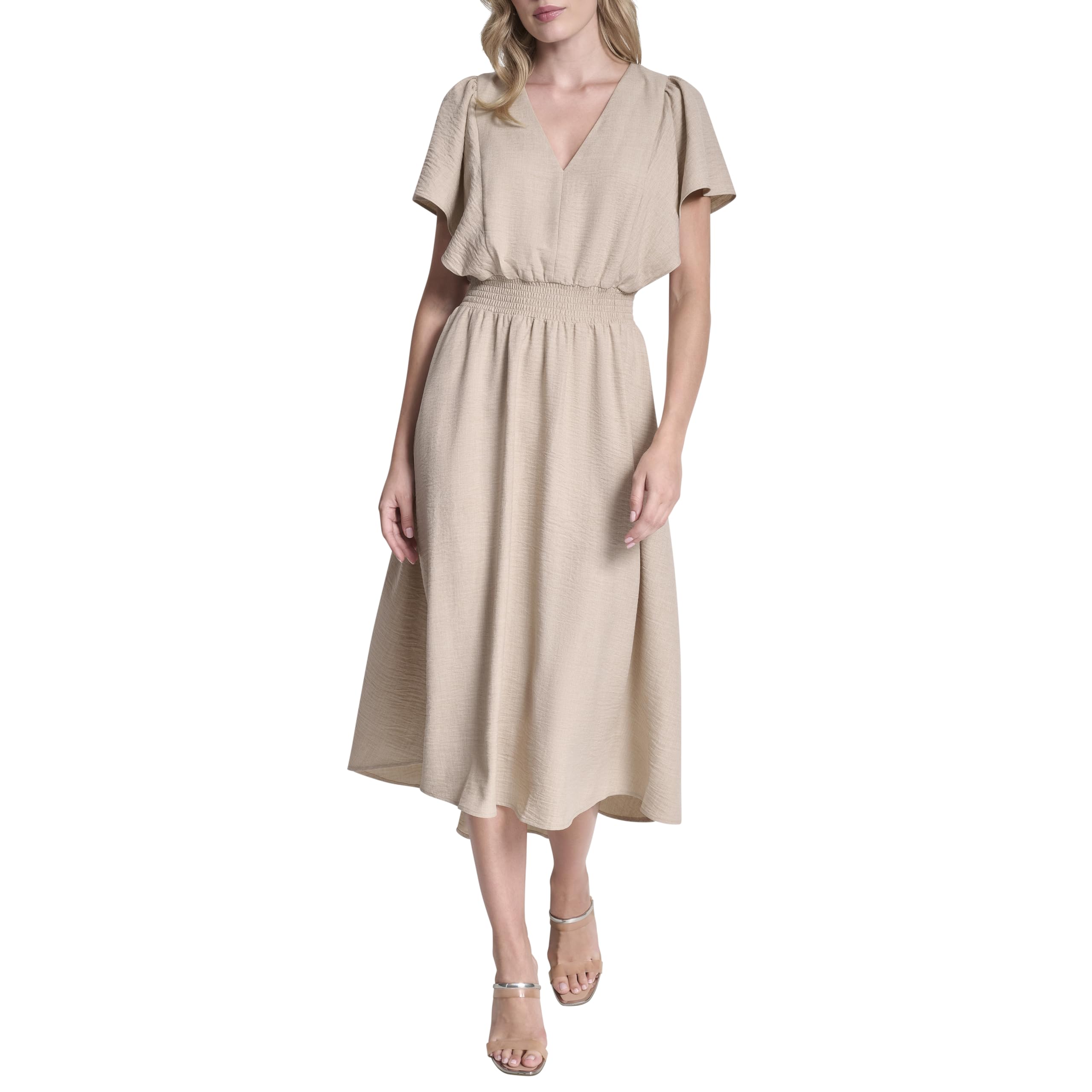 DKNY Women’s Flutter Sleeve V-Neck Fit & Flare Maxi Dress, Beige, 12