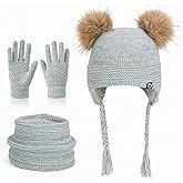 3PCS Kids Winter Hat Scarf Gloves Set,Cold Weather Cap with Earflaps Knit Cap Gloves Neck Warmer for Girls Boys 4-10