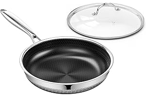Non Stick Frying Pan with Lid, 10 Inch Hybrid Tri-Ply Stainless Steel Non Stick Skillet W/Lid Titanium Ceramic Nonstick Cookw