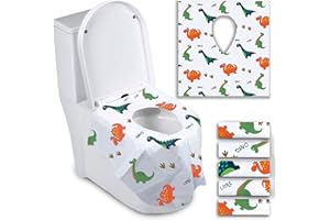 ATHENA FUTURES Disposable Toilet Seat Covers for Toddlers, Extra Large Individually Wrapped Paper Potty Training Liners for Kids, Portable, Flushable w/Non-Slip Adhesive, Airplane & Travel - Dinosaur