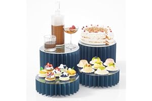HeiMma 4 Pack Buffet Risers, Foldable Food Display Risers with Acrylic Disc, Dessert Table Display Set, Cardboard Paper Cupcake Cake Stand for Party Cylinder Stands for Parties Drink Collectibles Jewelry Figures，Blue