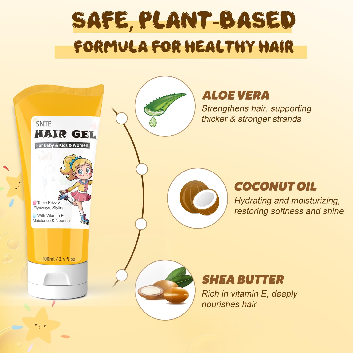 Samnyte Hair Gel for Kids, Baby Hair Gel Fly Away Hair Tamer, Styling Gel - Vitamin E Moisturize and Nourish, Flexible Hold Designed for Boys & Girls 3.4 Fl Oz