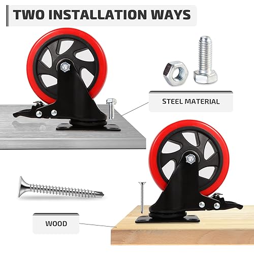 Nefish 5 Inch Swivel Caster Wheels Set Of 4 - Heavy Duty 2200 Lbs Capacity Polyurethane Casters With Brakes