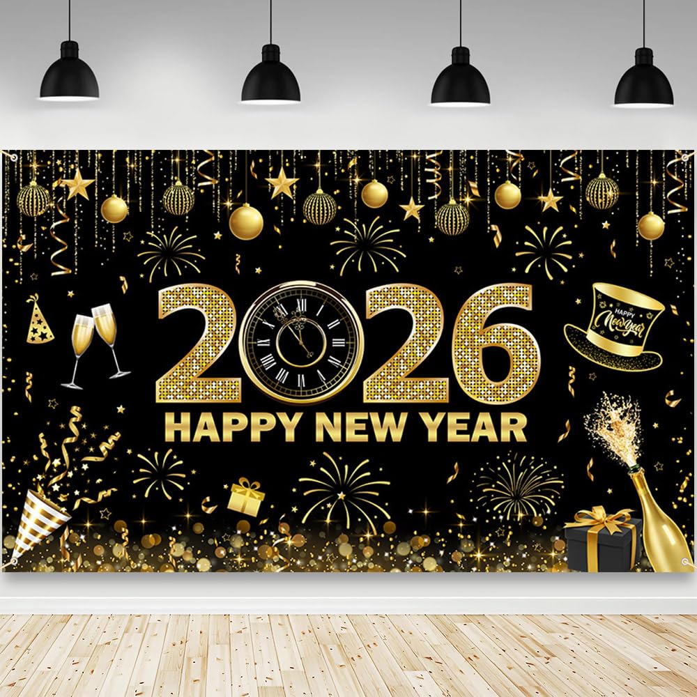 Photo 1 of AIBIIN Happy New Year Banner 2026 New Year Eve Backdrop Decorations Black Glod Fireworks New Years Eve Annual Party Decorations Family Nye Party Banner Photo Shoot Props 70.8 x 43.3 inch